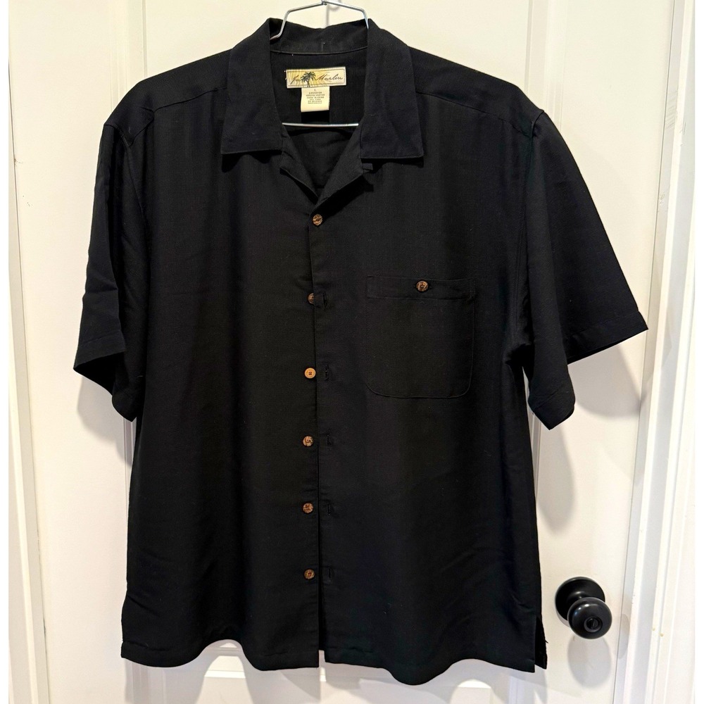Joe Marlin Mens Large Black Camp Shirt Short Sleeve Button Up Resort Pocket L